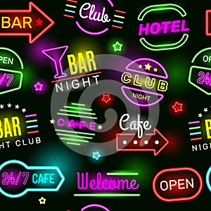 Neon hotel pattern. Vintage glow cinema signage logo vector seamless background