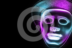 Neon human mask on black background, glow effect.