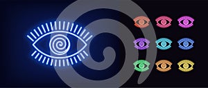 Neon hypnotic eye icon. Glowing neon eye sign with spiral iris, mesmeric vision photo