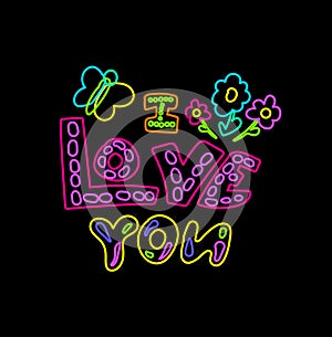 Neon I love You Flowers Night Illumination