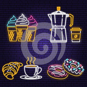 Neon ice cream, donuts, coffee and croissant retro sign on brick wall background. Design for cafe, restaurant. Neon