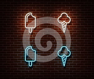 Neon ice cream signs vector isolated on brick wall. Ice-cream light symbol, decoration effect. Neon