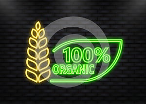 Neon Icon. 100 percent organic label. green eco badge. Sticker. Vector illustration