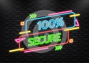 Neon Icon. 100 percent Secure banner vector stamp. Badge or button for commerce website on blue background.