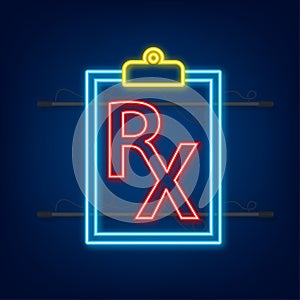 neon icon Blank Rx prescription form. Vector stock illustration