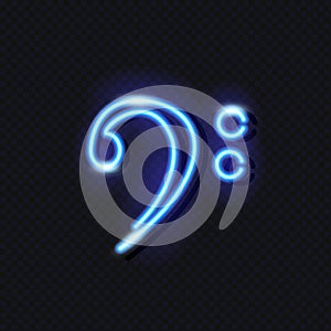 Neon icon of blue bass clef on dark background. Music concept for logo or banner design