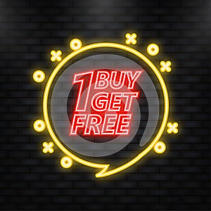 Neon Icon. Buy 1 Get 1 Free, sale tag, banner design template, app icon, vector illustration