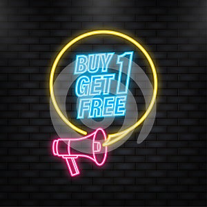 Neon Icon. Buy 1 Get 1 Free, sale tag, banner design template, app icon, vector illustration