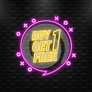 Neon Icon. Buy 1 Get 1 Free, sale tag, banner design template, app icon, vector illustration