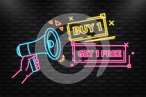 Neon Icon. Buy 1 Get 1 Free, sale tag, banner design template, app icon, vector illustration