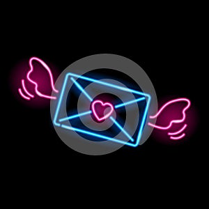 Neon icon of flying love letter isolated on black background. Blue envelope with pink wings and heart stamp. St