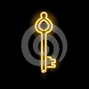 Neon icon of golden key isolated on black background. Lock, house, invitation concept for logo, banner, web design