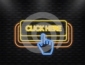 Neon Icon. Icon with yellow click here neon button on white background for web marketing design. Vector illustration