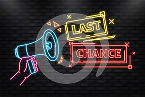 Neon Icon. Last chance megaphone yellow banner in flat style. Vector illustration