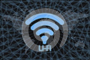 Neon Icon li-fi, With a dark background and a world map. Graphic concept for your design