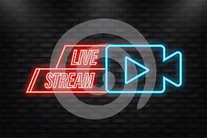 Neon Icon. Live streaming logo - red vector design element with play button for news and TV or online broadcasting.