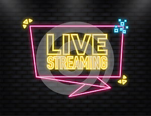 Neon Icon. Live streaming logo - red vector design element with play button for news and TV or online broadcasting.