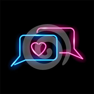 Neon icon of love chat messages isolated on black background. Blue and pink sms with heart. Love conversation, St