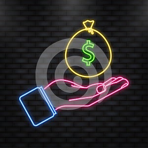 Neon Icon. Money bag in hand, great design for any purposes. Flat design vector illustration.