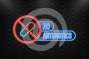 Neon Icon. No hormones, no antibiotics green flat banner on white background. Vector illustration