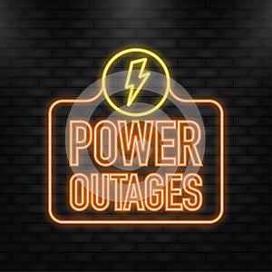 Neon Icon. Power outage symbol. Electricity symbol on yellow caution triangle with text