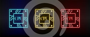 Neon icon set Cpu hardware. Set of red, blue, yellow neon vector icon