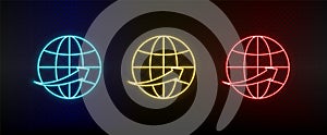 Neon icon set global business, communication. Set of red, blue, yellow neon vector icon