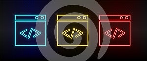 Neon icon set website, internet, browser, code. Set of red, blue, yellow neon vector icon