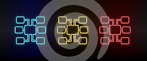 Neon icons. Database server sitemap. Set of red, blue, yellow neon vector icon