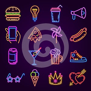 Neon icons. Glowing light for disco party. Night club or bar signs. Burger, pizza, cocktail, hand with phone and fashion glasses