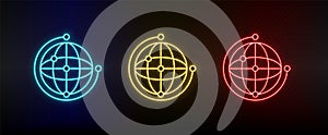 Neon icons. network global. Set of red, blue, yellow neon vector icon