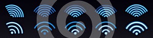 Neon icons of wifi signal, sound wave, wireless