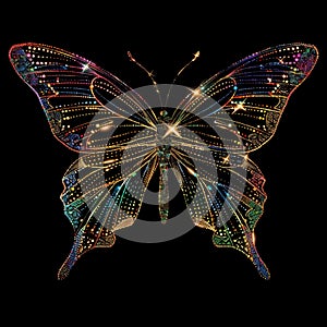 Neon illuminated 3d gold glittery beautiful luxury glowing colorful butterfly. Modern ornate shiny insect pattern with textured