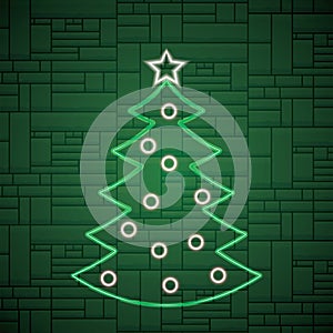 Neon illuminated Christmas tree with brick background