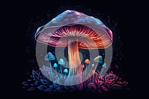 Neon Illustration Of Big Magic Mushroom