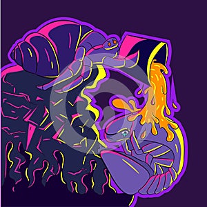Neon illustration of a malevolent hermit crab pouring a bucket of molten lava onto a balled up isopod. photo