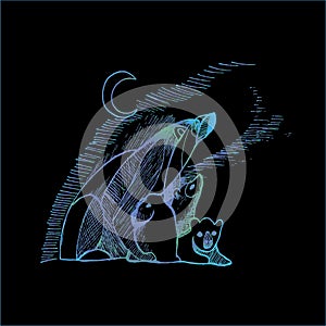 Neon illustration of polar bears. Northern lights and the moon.