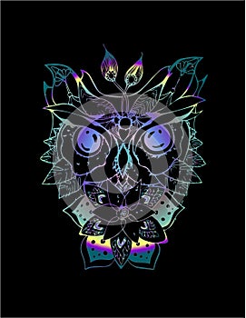 Neon illustration of an psychodellic Owl. Ornament, pattern, night, planets. Tattoo idea.