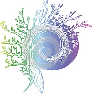 Neon illustration of a tree that spirals in the background of the sun or moon.