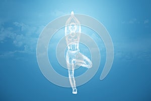 Neon image of a girl, a hologram in a yoga pose. Standing in one tree pose, Vrikshasana. 3D render, 3D illustration