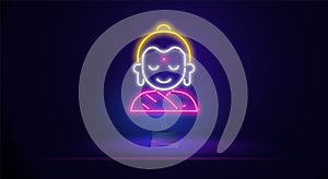 A neon Indian god with a sacred symbol glowing on his forehead. Vector illustration of a religious symbol
