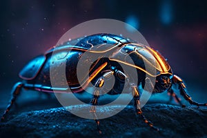 Neon Infestation: Close-Up of Hi-Tech Cyborg Insect with Glowing Metal Skin