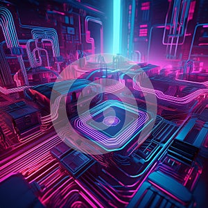 Neon infused closeup of cyberspace architecture and circuitry
