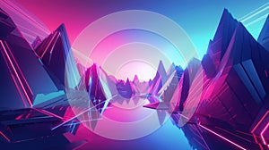 Neon-infused holographic realm: 3D landscape with bold geometric forms and neon gradients, creating a captivating