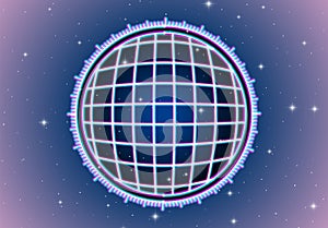 Neon interface background with round sensor display and ruler. Abstract technology frame in 80s retro computer style.
