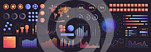 Neon interface elements kit for UI UX design, round and square button, bar color icon set