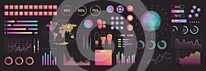 Neon interface elements kit for UI UX web design, template button color icon set