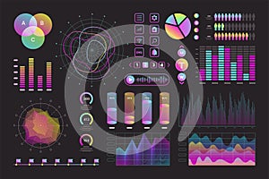 Neon interface kit for UI UX web design, dashboard panel elements color icon set