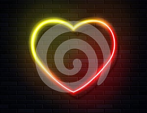 Neon Iridescent Glowing Heart Banner on Dark Empty Grunge Brick Background.