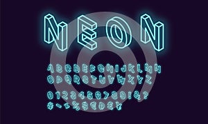 Neon isometric alphabet, Azure color. Neon Font